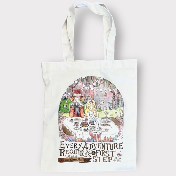 Alice in Wonderland Every Adventure Requires a First Step Lewis Carroll Tote Bag - Picture 1 of 6